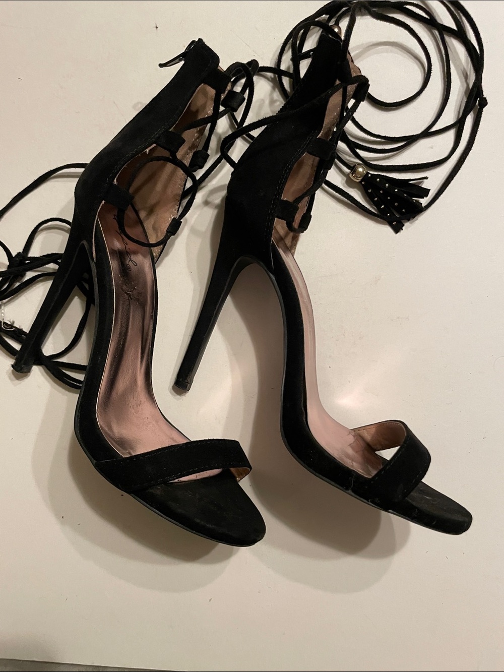 Qupid Black Lace-Up Stiletto Heels
